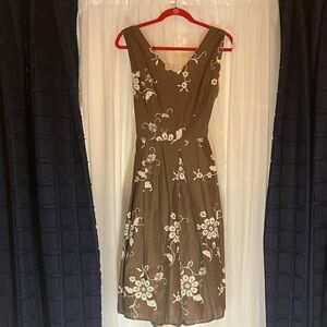 Coldwater Creek Taupe and White Embroidered Floral Midi Dress